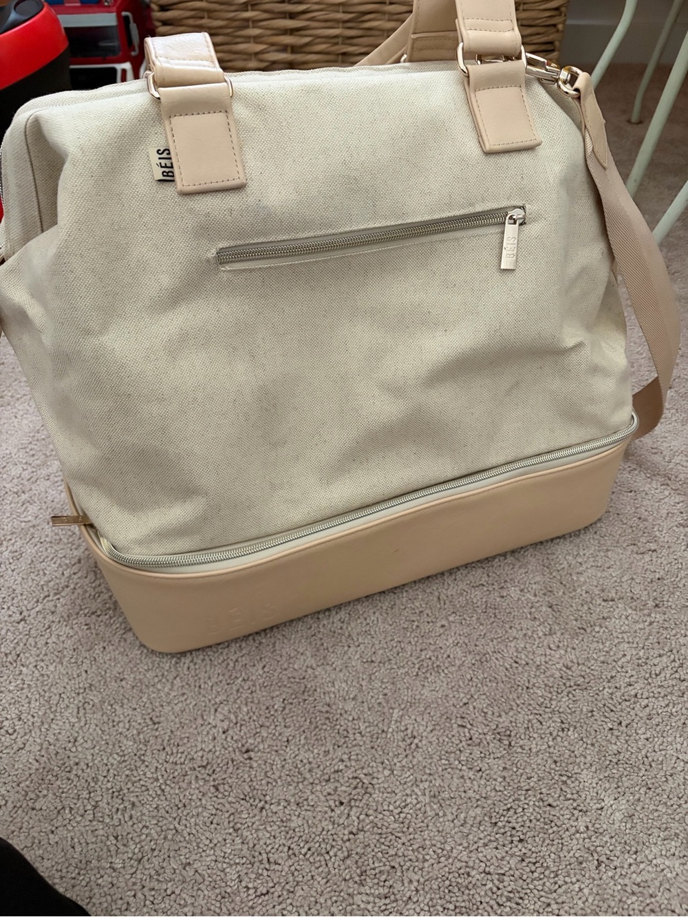BEIS Cream Canvas Travel Weekender with Tan Faux Leather Base